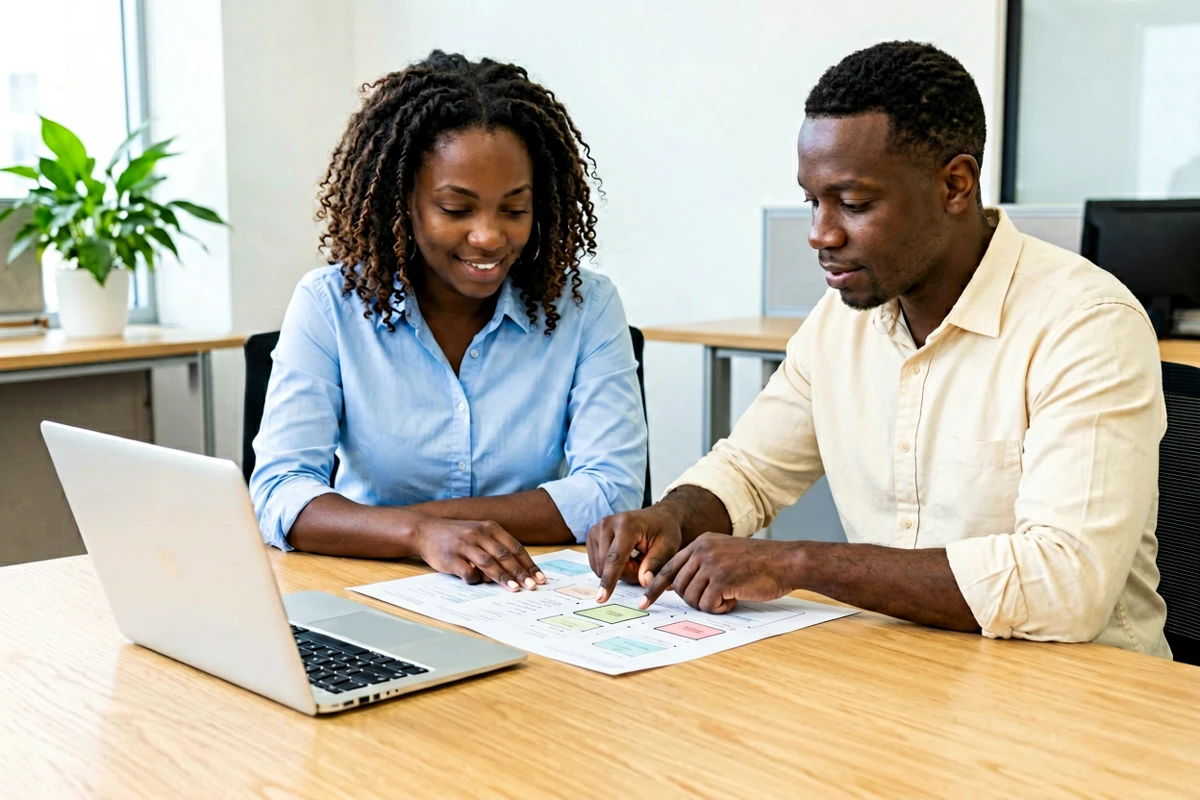 AI-generated representation of Black Nigerian professionals planning a project with a laptop and paper diagrams; fictional people, not NewChild staff
