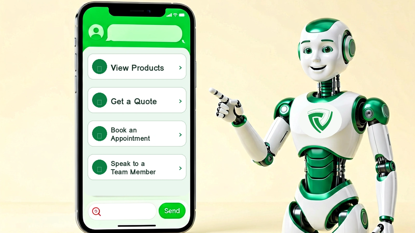 NewChild-branded AI robot presenting four clearly labelled business-assistant options on a wide smartphone